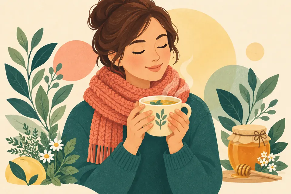 Souriante, cheveux bruns relevés, yeux fermés, écharpe corail tricotée, tisane fumante à deux mains, fleurs, feuillages et pot de miel