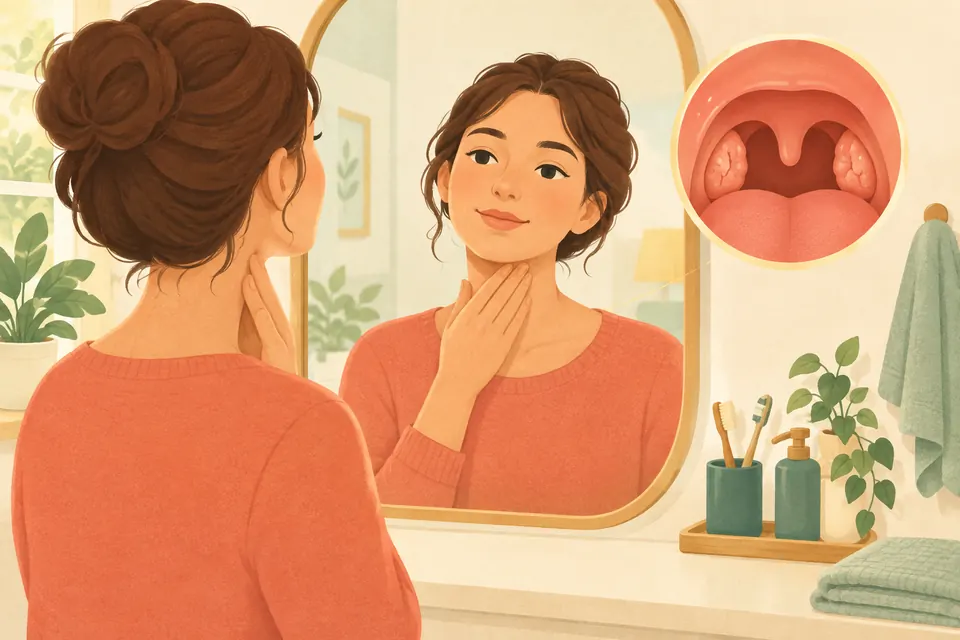 Illustration d’une personne touchant doucement sa gorge, avec un schéma discret des amygdales palatines au fond de la bouche.