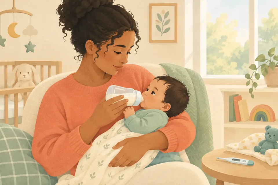 Un parent tient son bébé et lui propose un biberon dans une chambre calme, en restant attentif à son état.