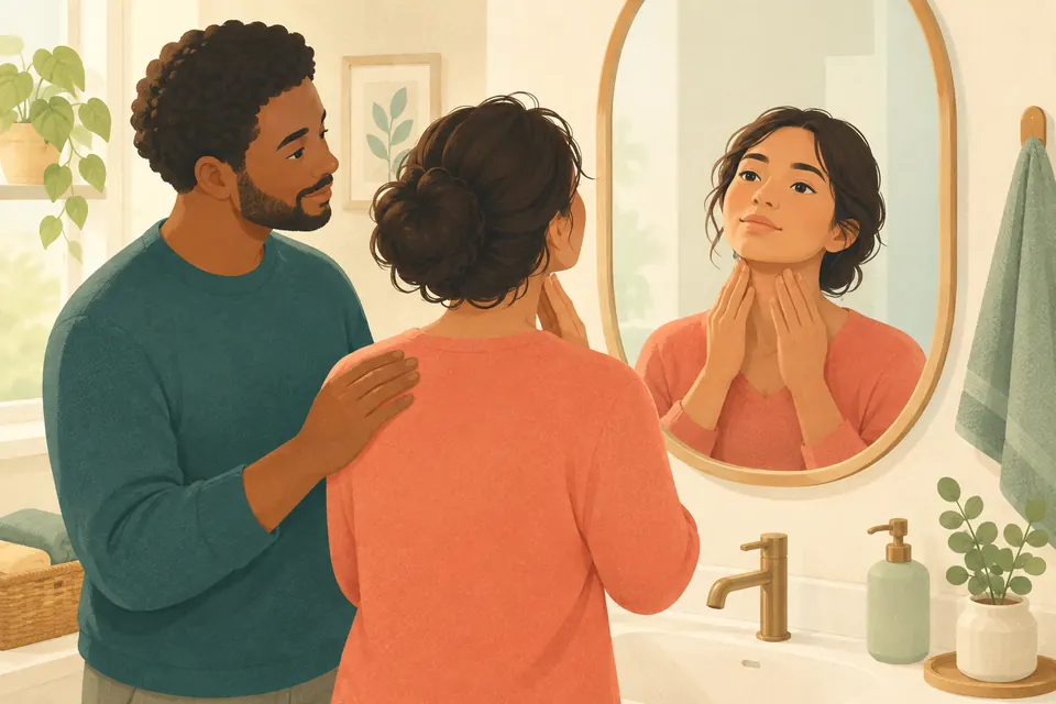 Une personne observe sa gorge dans un miroir, tandis qu’un proche reste à ses côtés dans une scène calme et rassurante.