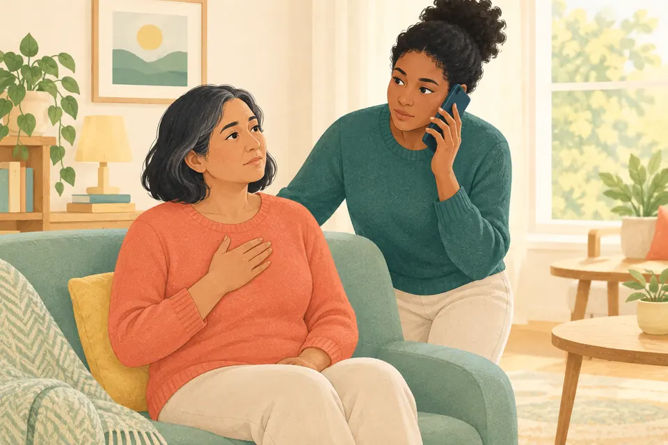 Une personne assise chez elle, la main sur la poitrine, tandis qu’un proche appelle les secours à proximité.