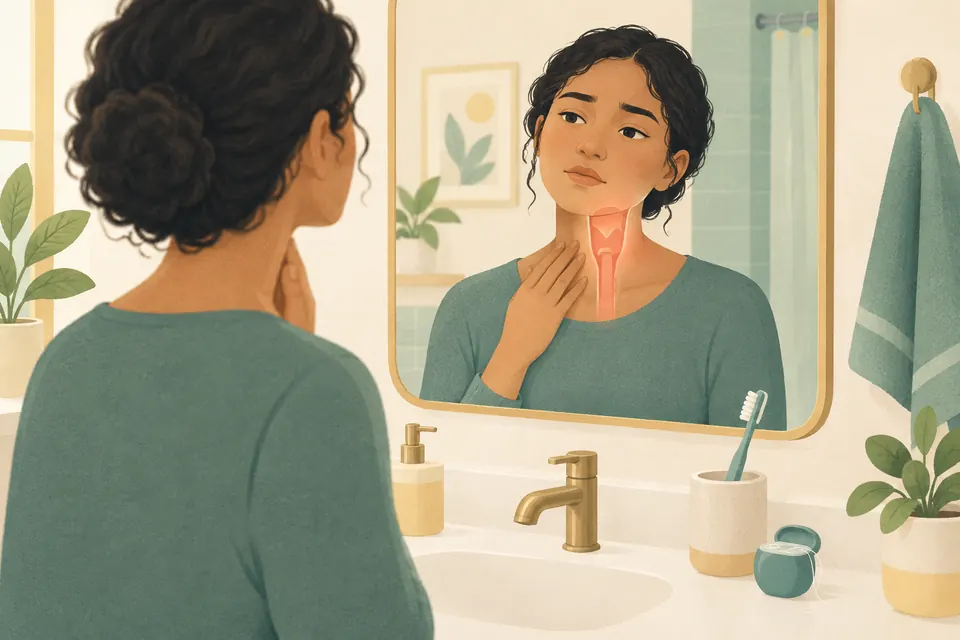 Une jeune adulte observe sa gorge dans un miroir, près d’une brosse à dents, pour évoquer l’angine de Vincent et les soins bucco-dentaires.