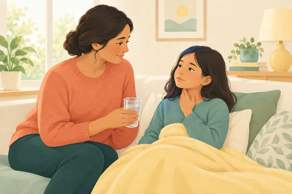 Un parent propose un verre d’eau à un enfant fatigué, installé au calme à la maison et touchant doucement sa gorge.