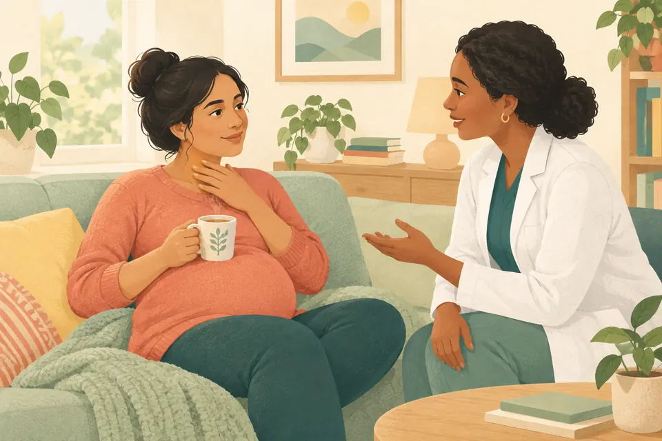 Une femme enceinte se repose avec une boisson chaude tandis qu’une professionnelle de santé l’accompagne pour son mal de gorge.