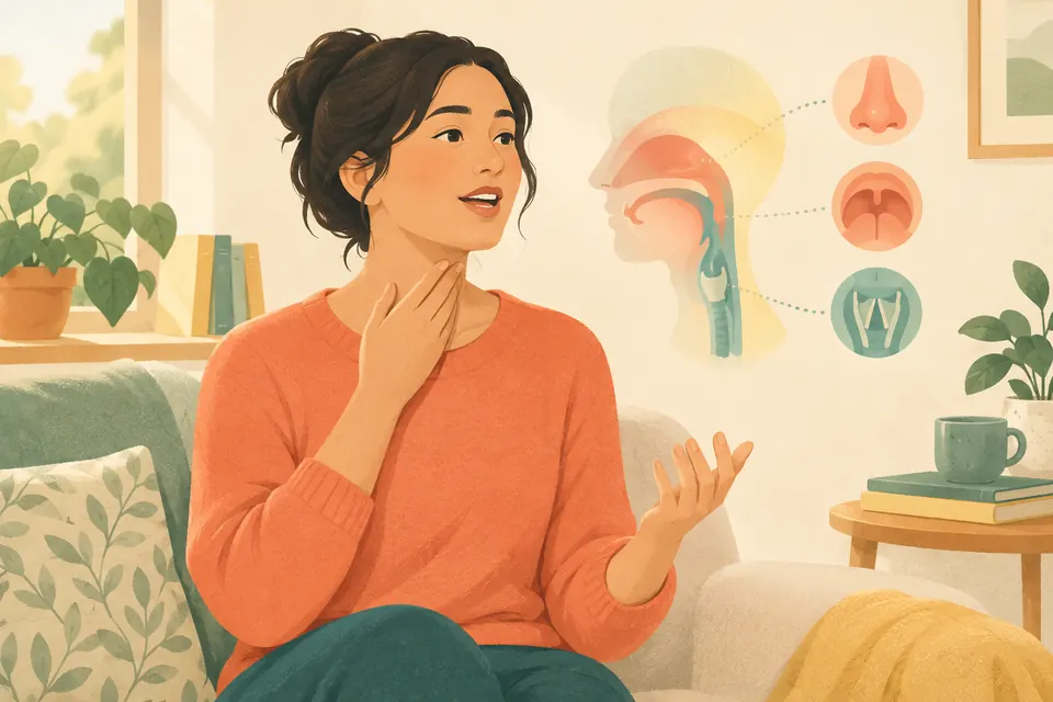 Personne enrouée touchant sa gorge, avec une illustration discrète des zones du nez, du pharynx et du larynx.