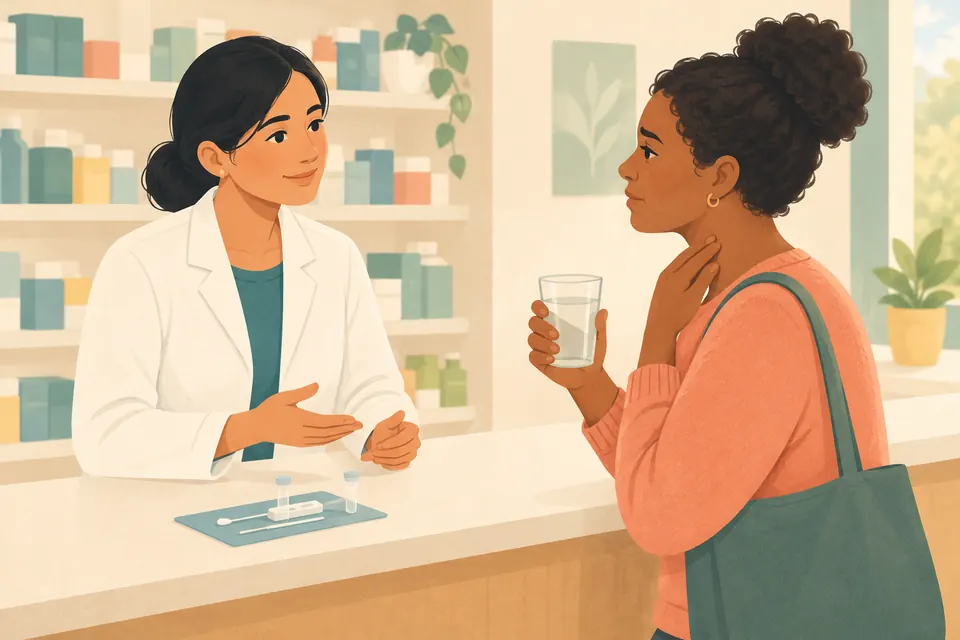 Un pharmacien échange avec une personne ayant mal à la gorge, un kit de test rapide posé sur le comptoir de l’officine.