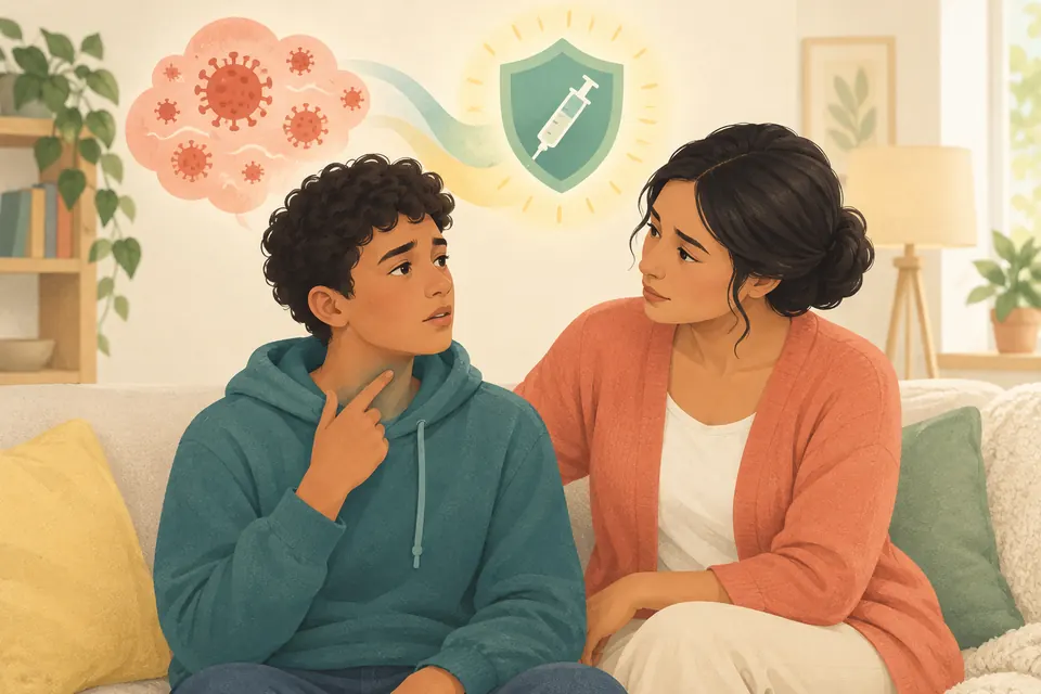 Un adulte et un adolescent évoquent un mal de gorge, avec un bouclier symbolisant la protection apportée par la vaccination.