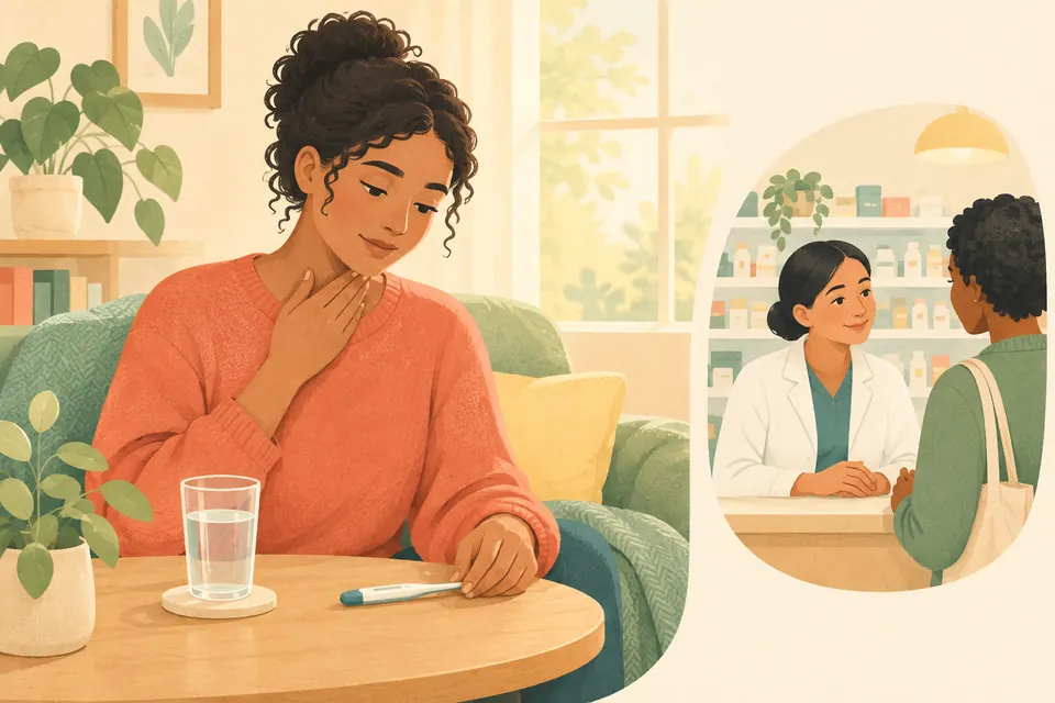 Une personne qui a mal à la gorge se repose chez elle, avec un verre d’eau et un thermomètre posé à proximité.