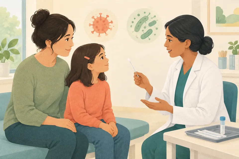 Un médecin explique un test rapide de gorge à une adulte et un enfant dans un cabinet médical calme.