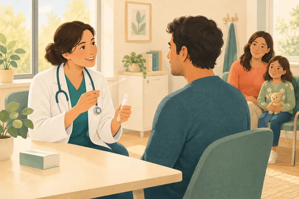 Un médecin explique un test de gorge à une adulte dans un cabinet calme, avec un parent et un enfant en arrière-plan.