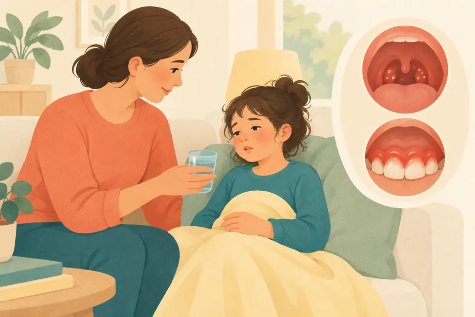 Un parent propose une boisson fraîche à un enfant, près d’une illustration de bouche montrant de petites lésions et des gencives irritées.