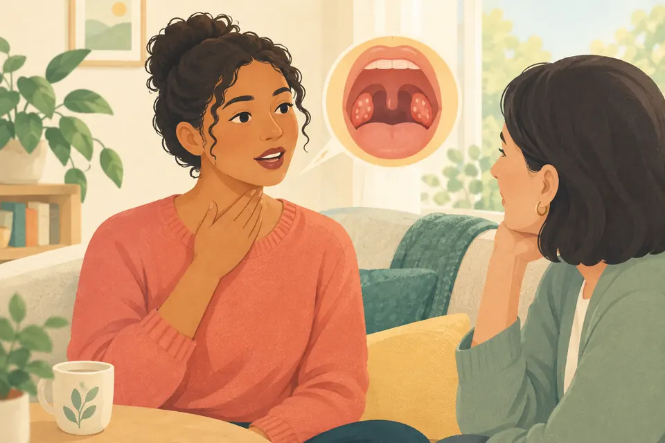 Une personne se tient doucement la gorge à la maison, avec une illustration simplifiée des amygdales au fond de la bouche.