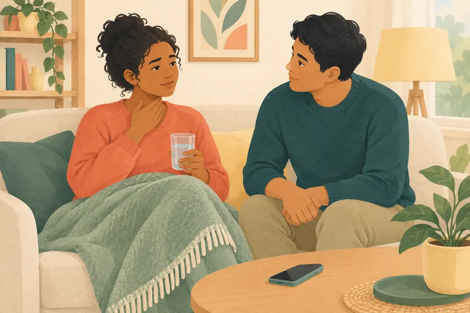 Une personne ayant mal à la gorge boit un verre d’eau chez elle, tandis qu’un proche reste à ses côtés.