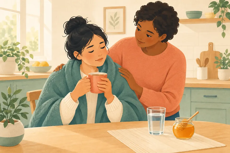 Une personne au repos avec une boisson tiède et du miel, illustrant les gestes maison qui peuvent apaiser une gorge douloureuse.