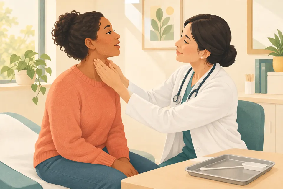 Un professionnel de santé examine doucement le cou d’un adulte souffrant d’un mal de gorge lors d’une consultation.