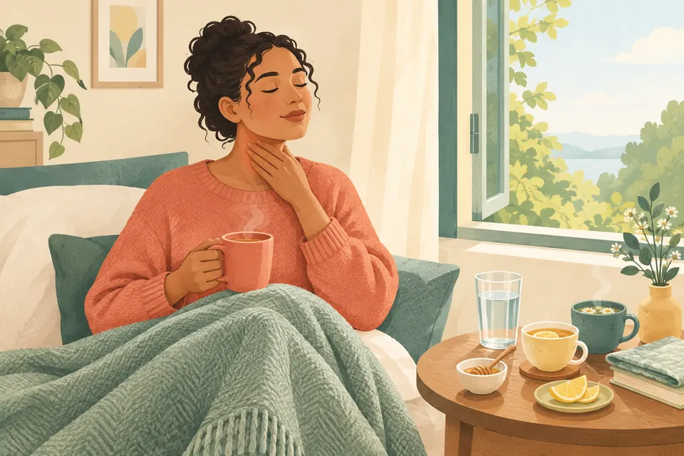 Une personne se repose chez elle avec une boisson et un verre d’eau, dans une scène évoquant le soulagement d’un mal de gorge.