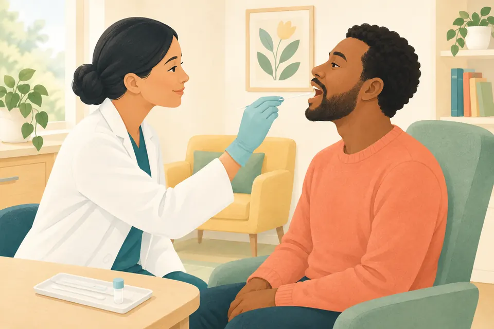 Un professionnel de santé réalise un prélèvement de gorge à l’aide d’un écouvillon, pendant une consultation calme et rassurante.