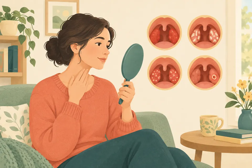 Une personne observe sa gorge dans un miroir, près de schémas simples montrant plusieurs aspects possibles des amygdales.